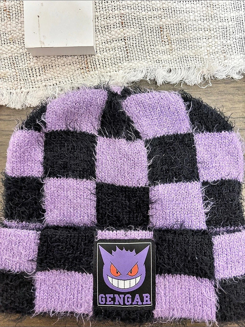 Pokémon Fuzzy Gengar Checkered Cuff Beanie Hat Purple & Black